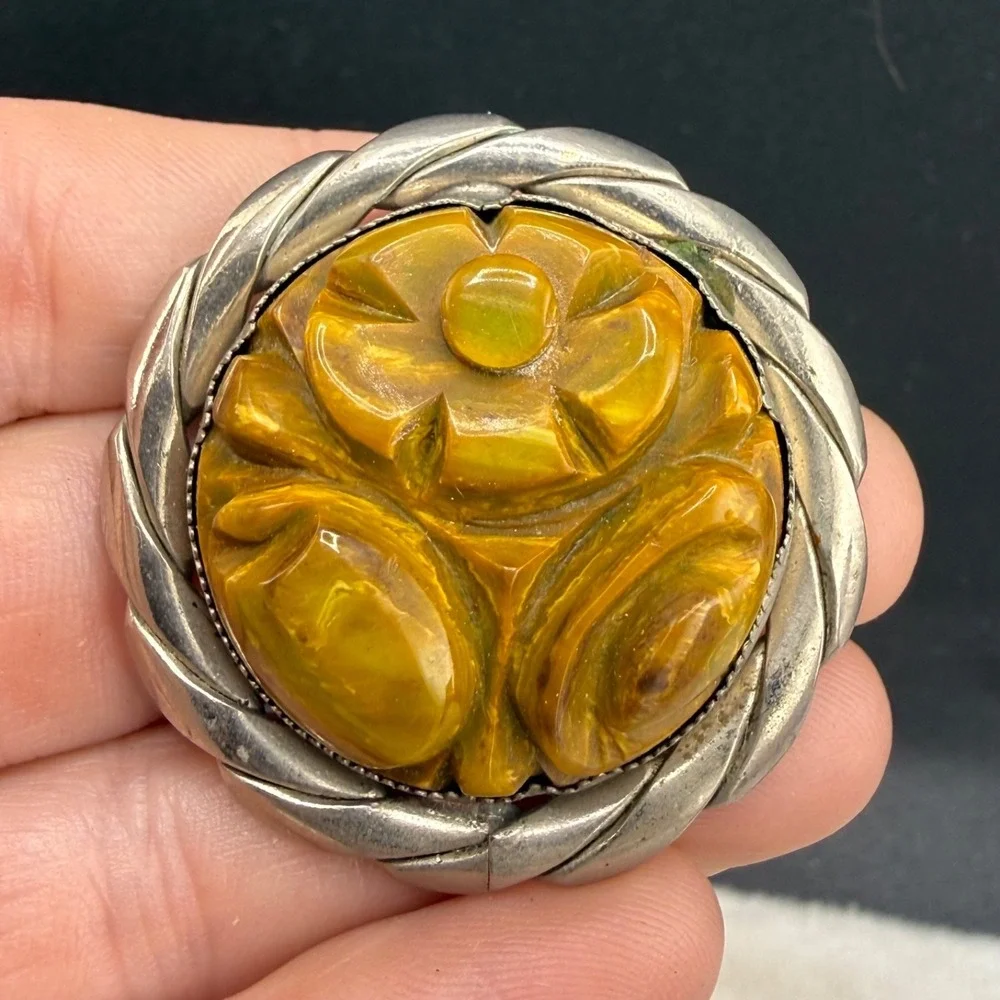 Vintage Bakelite Brooch Carved Green Silver Tone Flower